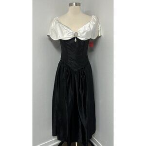 Vintage 80s Prom Dress SZ 3 4 Black White Gown Formal Vampy Goth Coquette Flaws